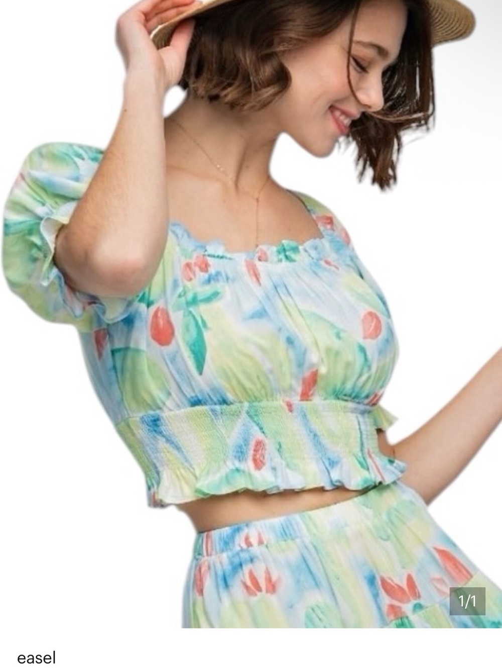 easel Pastel Floral Smocked Crop Top in Mint, Blue & Coral - matching skirt!
